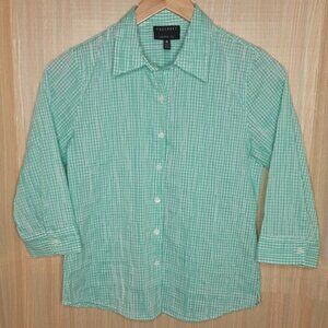 Foxcroft Shaped Fit Petite Womens Checked 3/4 Sleeve Button Down Shirt 8P